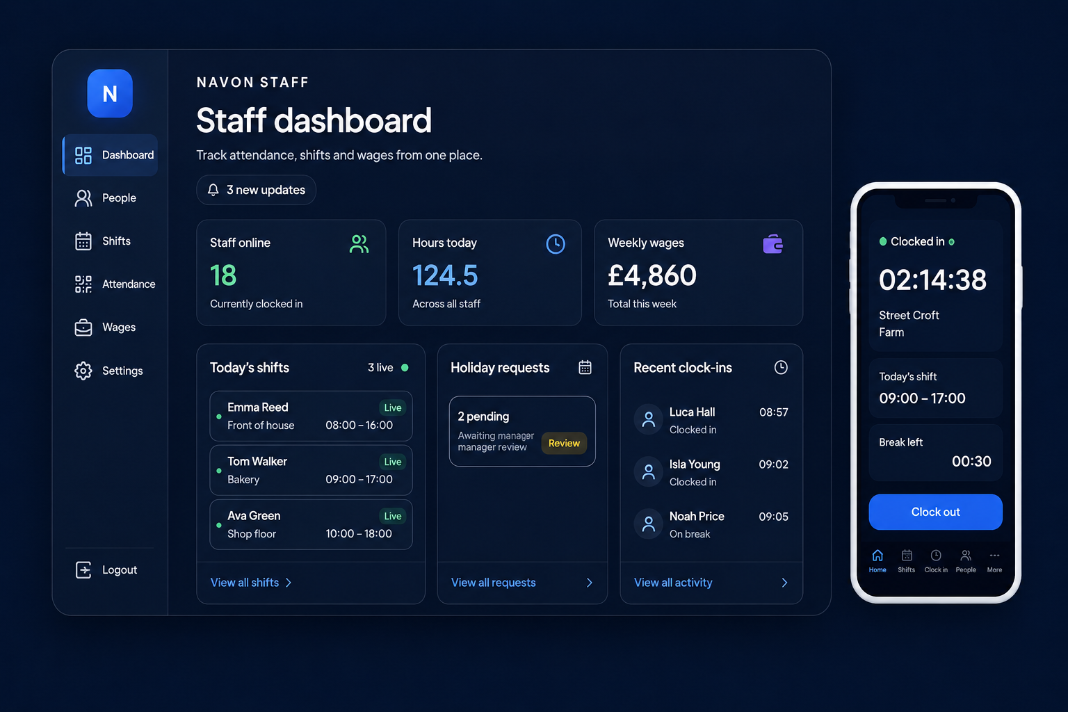 Navon Staff dashboard and mobile clock-in preview